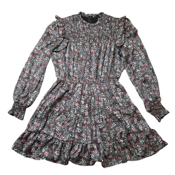 Aqua Long sleeve Floral Smoked Ruffled Party Cocktail Dress Berry Floral Medium - Picture 1 of 6